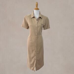 Vintage Y2K Talbots Button Front Shirt Dress Beige Midi Shell Buttons 10